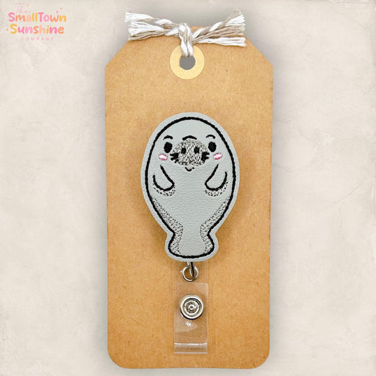 Manatee Retractable Badge Reel: Summer ID Holder, Name Tag, Swappable Topper, Coworker Gift, Lanyard, MRI Safe, Heavy Duty Options