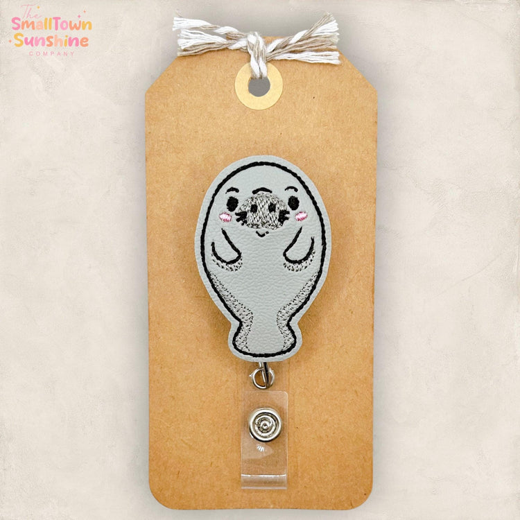 Manatee Retractable Badge Reel: Summer ID Holder, Name Tag, Swappable Topper, Coworker Gift, Lanyard, MRI Safe, Heavy Duty Options
