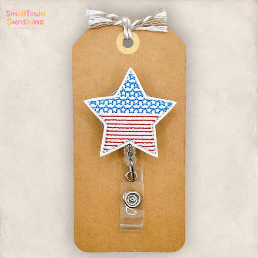 American Flag Star Retractable Badge Reel: Patriotic ID Holder, Name Tag, Coworker Gift, Lanyard, MRI Safe, Heavy Duty Option | GLITTER
