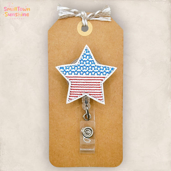 American Flag Star Retractable Badge Reel: Patriotic ID Holder, Name Tag, Coworker Gift, Lanyard, MRI Safe, Heavy Duty Option | GLITTER