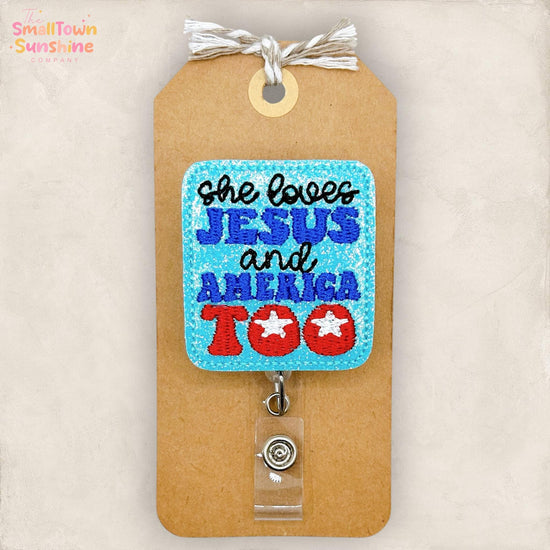 She Loves Jesus & America Too Retractable Badge Reel: ID Holder, Name Tag, Coworker Gift, Lanyard, MRI Safe, Heavy Duty Options | GLITTER