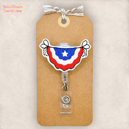 Americana Bunting Retractable Badge Reel: Patriotic ID Holder, Name Tag, Topper, Coworker Gift, Lanyard, MRI Safe, Heavy Duty | GLITTER