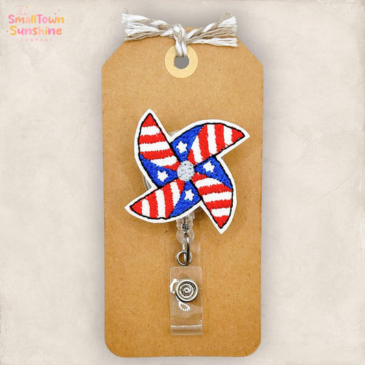 Patriotic Pinwheel Retractable Badge Reel: July 4th ID Holder, Name Tag, Topper, Coworker Gift, Lanyard, MRI Safe, Heavy Duty | GLITTER