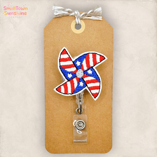 Patriotic Pinwheel Retractable Badge Reel: July 4th ID Holder, Name Tag, Topper, Coworker Gift, Lanyard, MRI Safe, Heavy Duty | GLITTER