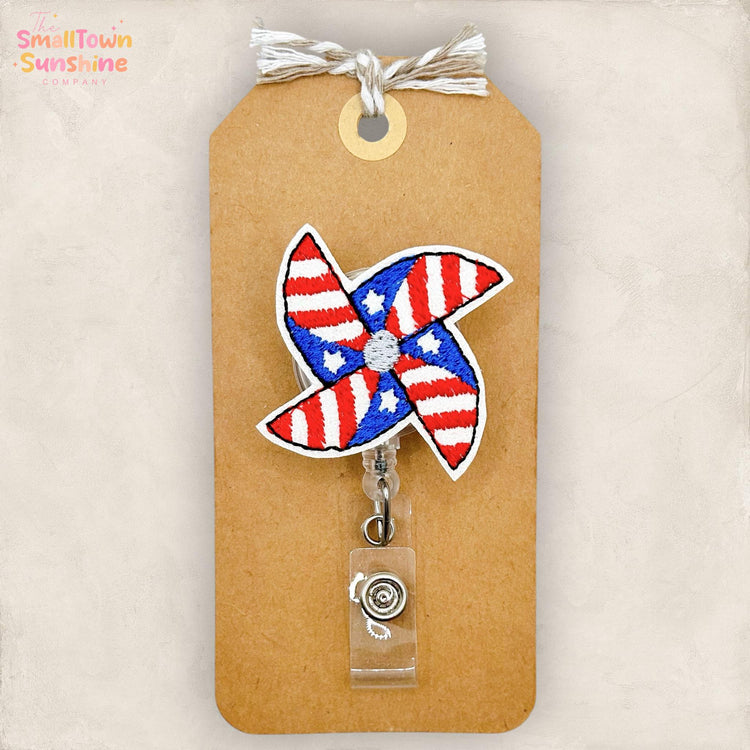 Patriotic Pinwheel Retractable Badge Reel: July 4th ID Holder, Name Tag, Topper, Coworker Gift, Lanyard, MRI Safe, Heavy Duty | GLITTER