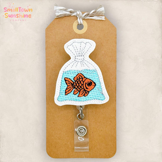 Goldfish Bag Retractable Badge Reel: Fish ID Holder, Name Tag, Swappable Topper, Coworker Gift, Lanyard, MRI Safe, Heavy Duty | GLITTER