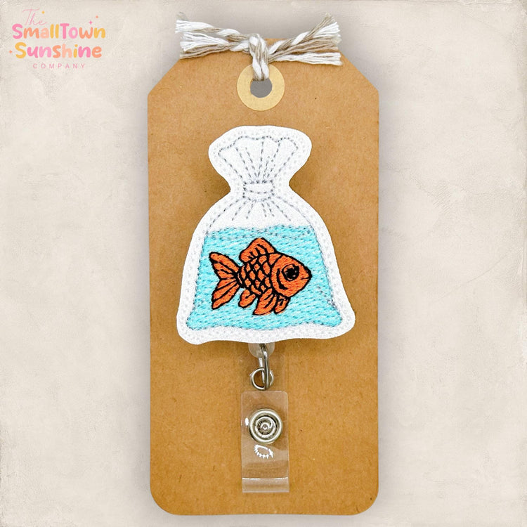Goldfish Bag Retractable Badge Reel: Fish ID Holder, Name Tag, Swappable Topper, Coworker Gift, Lanyard, MRI Safe, Heavy Duty | GLITTER