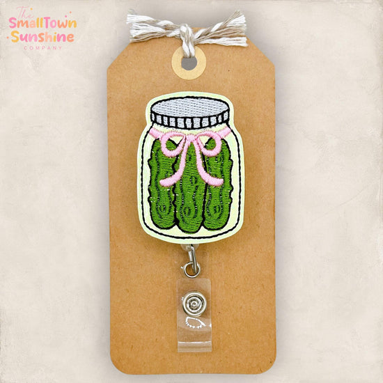 Pickle Jar with Bow Retractable Badge Reel: ID Holder, Name Tag, Swappable Topper, Coworker Gift, Lanyard, MRI Safe, Heavy Duty Options