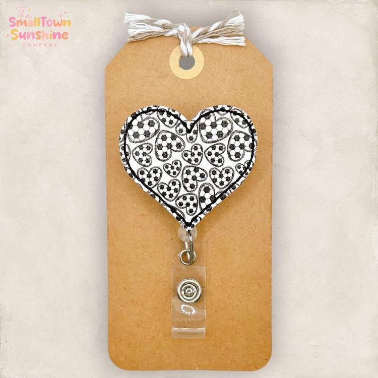 Soccer Heart Retractable Badge Reel: Sports ID Holder, Name Tag, Swappable Topper, Coworker Gift, Lanyard, MRI Safe, Heavy Duty Options