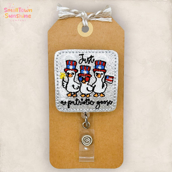 Just a Patriotic Goose Retractable Badge Reel: ID Holder, Name Tag, Topper, Coworker Gift, Lanyard, MRI Safe, Heavy Duty Options | GLITTER