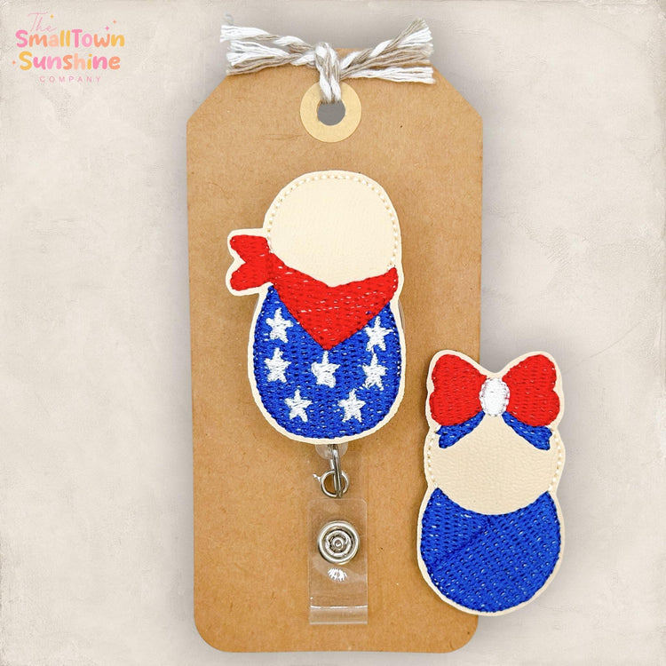 Patriotic Baby Retractable Badge Reel: July 4th ID Holder, L & D Name Tag, Topper, Coworker Gift, Lanyard, MRI Safe, Heavy Duty Options