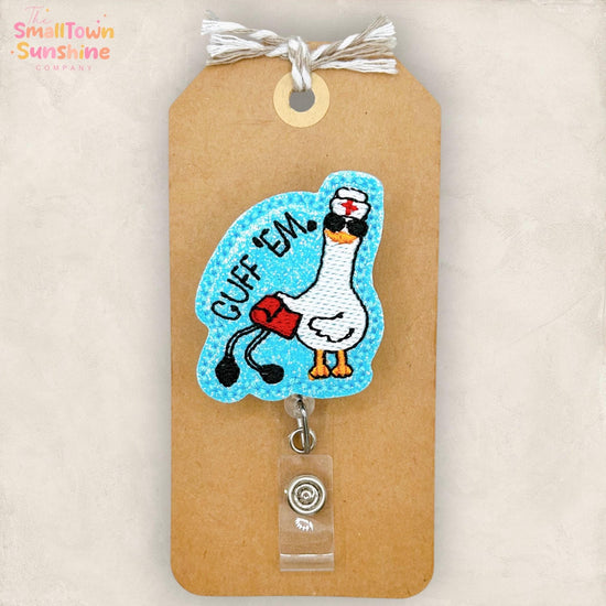 Cuff Em Retractable Badge Reel: Silly Medical Goose ID Holder, Name Tag, Topper, Coworker Gift, Lanyard, MRI Safe, Heavy Duty | GLITTER