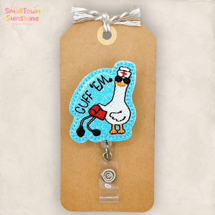 Cuff Em Retractable Badge Reel: Silly Medical Goose ID Holder, Name Tag, Topper, Coworker Gift, Lanyard, MRI Safe, Heavy Duty | GLITTER
