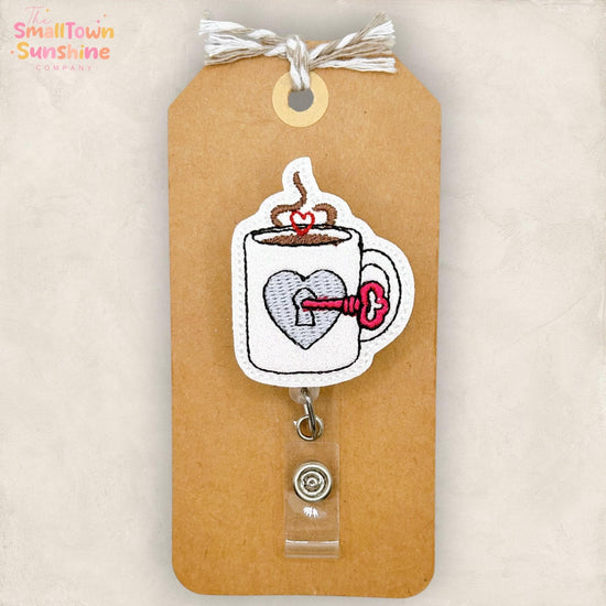 Key to my Heart Retractable Badge Reel: Coffee ID Holder, Name Tag, Topper, Coworker Gift, Lanyard, MRI Safe, Heavy Duty Options | GLITTER