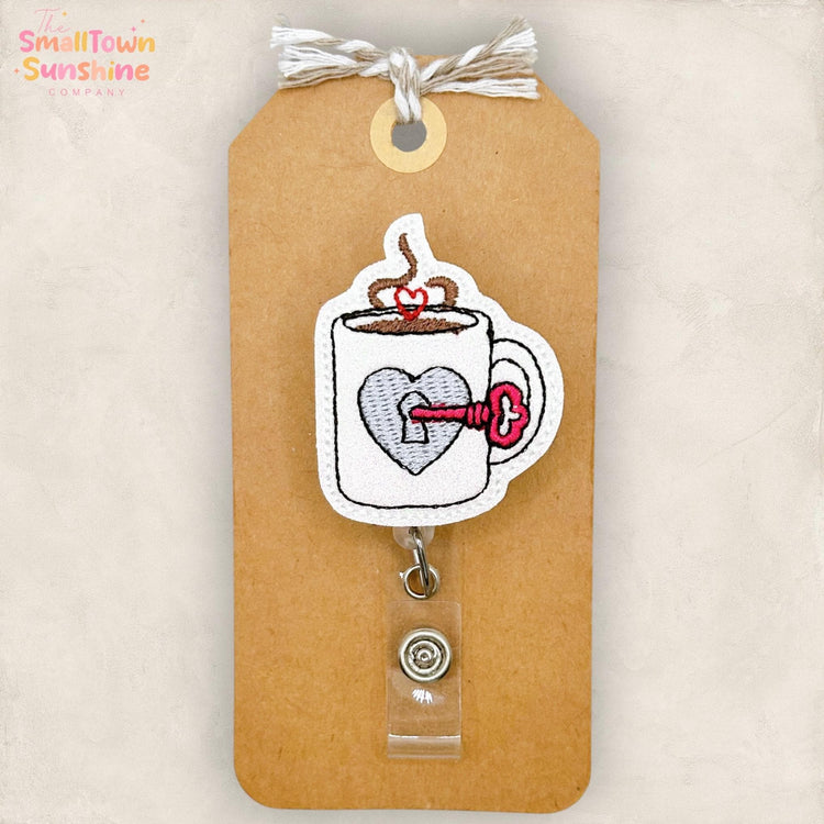 Key to my Heart Retractable Badge Reel: Coffee ID Holder, Name Tag, Topper, Coworker Gift, Lanyard, MRI Safe, Heavy Duty Options | GLITTER
