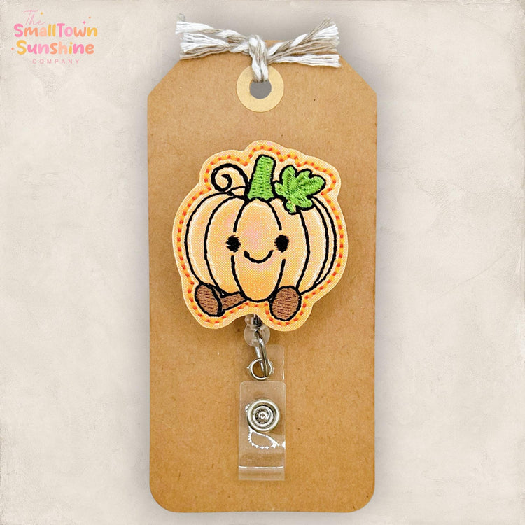 Pumpkin Plushie Retractable Badge Reel: Fall ID Holder, Name Tag, Swappable Topper, Coworker Gift, Lanyard, MRI Safe, Heavy Duty Options