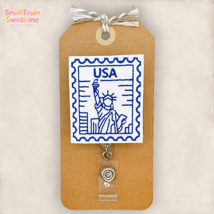 USA Stamp Retractable Badge Reel: Statue of Liberty Id Holder, Name Tag, Topper, Nurse Gift, Lanyard, MRI Safe, Heavy Duty Options | GLITTER
