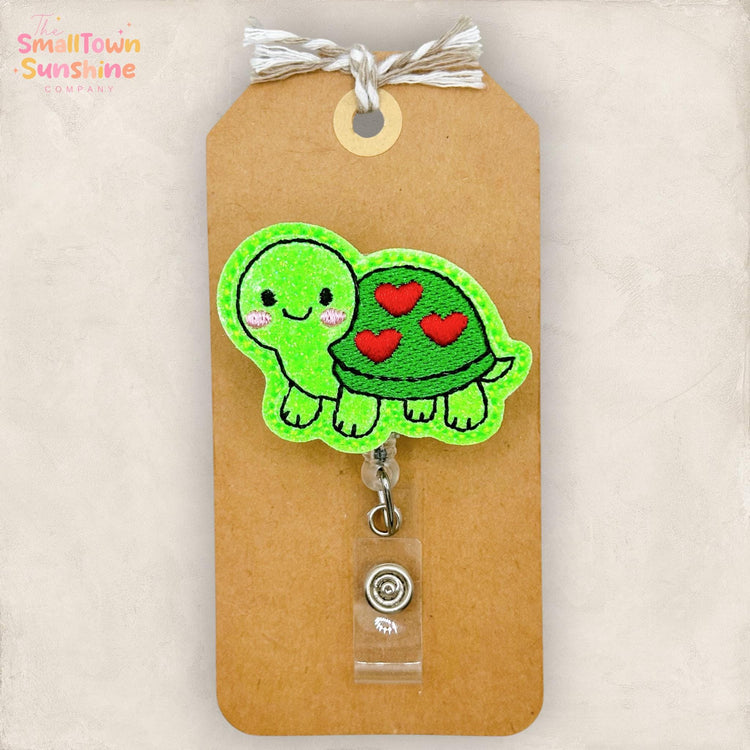 Cute Turtle Retractable Badge Reel: Animal ID Holder, Name Tag, Topper, Coworker Gift, Lanyard, MRI Safe, Heavy Duty Options | GLITTER