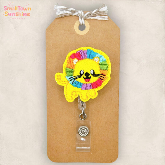 Rainbow Lion Retractable Badge Reel: ID Holder, Name Tag, Swappable Topper, Coworker Gift, Lanyard, MRI Safe, Heavy Duty Options | GLITTER