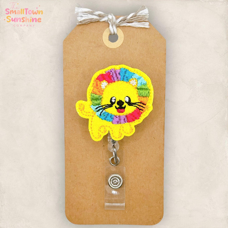 Rainbow Lion Retractable Badge Reel: ID Holder, Name Tag, Swappable Topper, Coworker Gift, Lanyard, MRI Safe, Heavy Duty Options | GLITTER