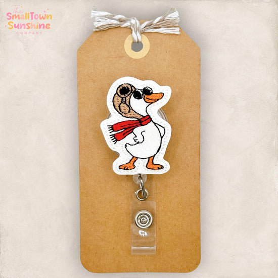 Aviator Goose Retractable Badge Reel: Silly Bird ID Holder, Name Tag, Topper, Coworker Gift, Lanyard, MRI Safe, Heavy Duty Option | GLITTER