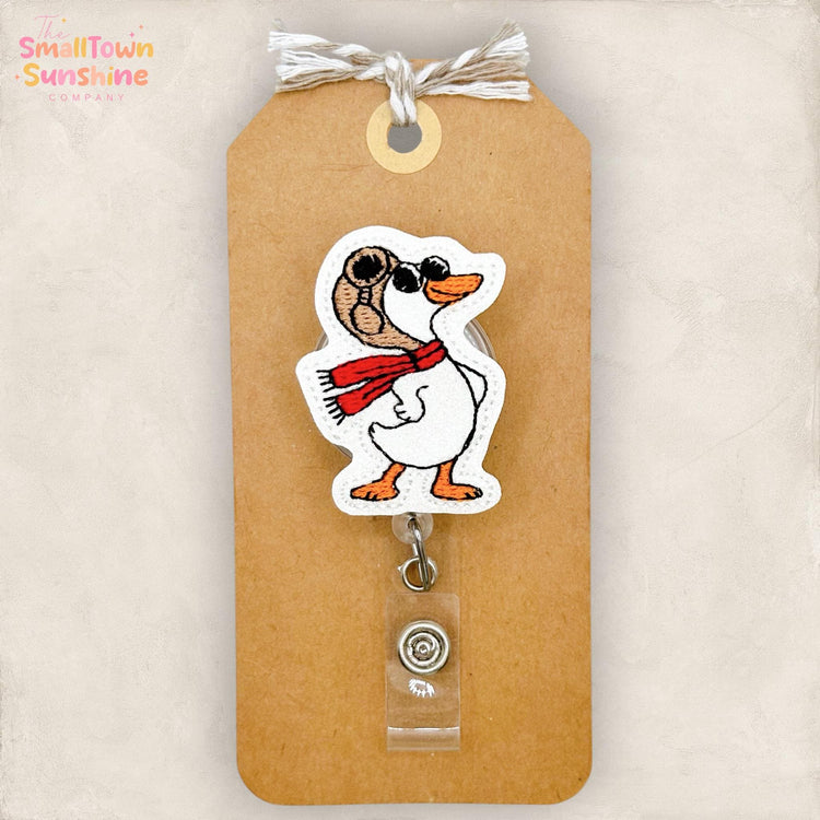 Aviator Goose Retractable Badge Reel: Silly Bird ID Holder, Name Tag, Topper, Coworker Gift, Lanyard, MRI Safe, Heavy Duty Option | GLITTER