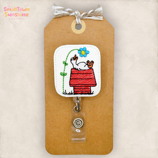 Goose on Doghouse Retractable Badge Reel: Silly Bird ID Holder, Name Tag, Topper, Coworker Gift, Lanyard, MRI Safe, Heavy Duty | GLITTER