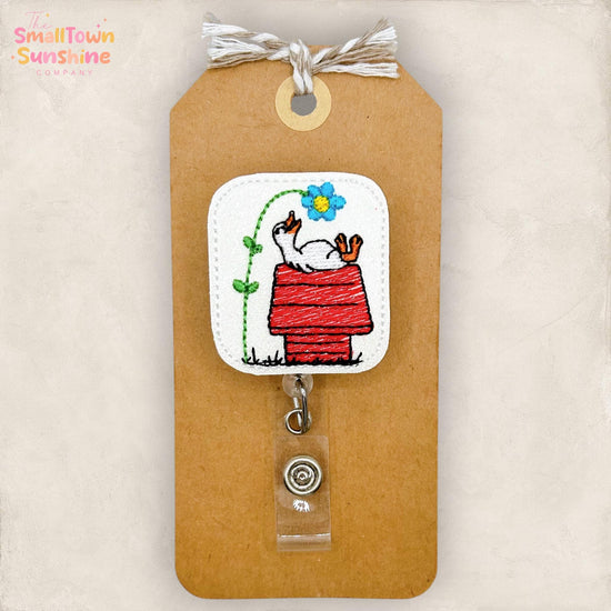 Goose on Doghouse Retractable Badge Reel: Silly Bird ID Holder, Name Tag, Topper, Coworker Gift, Lanyard, MRI Safe, Heavy Duty | GLITTER