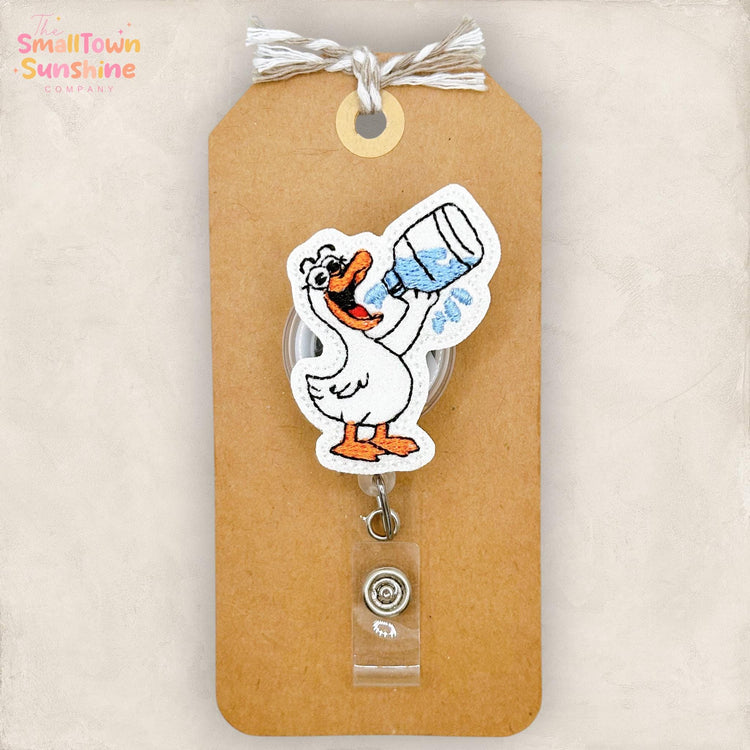 Water Bottle Goose Retractable Badge Reel: Silly Bird ID Holder, Name Tag, Topper, Coworker Gift, Lanyard, MRI Safe, Heavy Duty | GLITTER