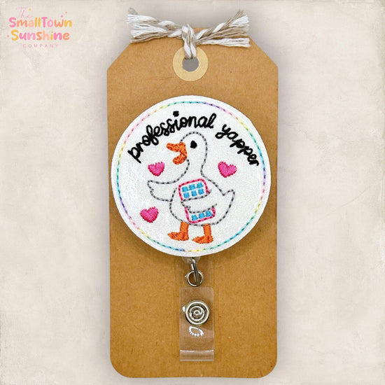 Professional Yapper Retractable Badge Reel: Silly Goose ID Holder, Name Tag, Topper, Coworker Gift, Lanyard, MRI Safe, Heavy Duty | GLITTER