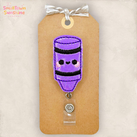 Purple Crayon Retractable Badge Reel: School ID Holder, Name Tag, Swappable Topper, Coworker Gift, Lanyard, MRI Safe, Heavy Duty Options