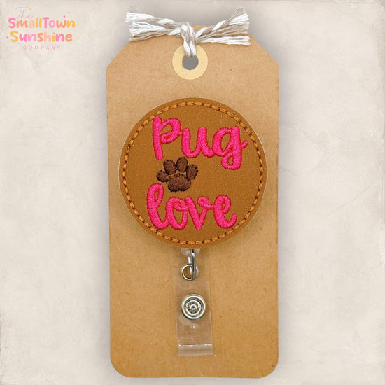 Pug Love Retractable Badge Reel: Dog ID Holder, Name Tag, Swappable Topper, Coworker Gift, Lanyard, MRI Safe, Heavy Duty Options