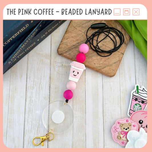 Partially Beaded Lanyard for Removable Badge Toppers, Interchangeable Lanyard, ID Holder for Badge & Keys, Teacher Gift | PINK COFFEE