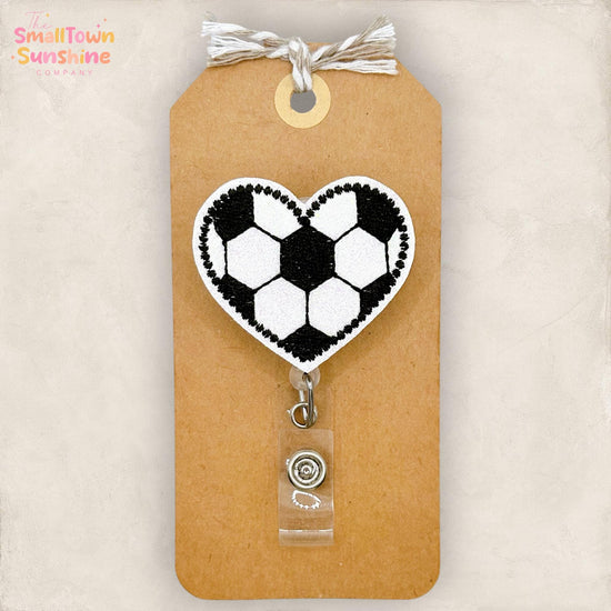 Soccer Heart Retractable Badge Reel: Sport ID Holder, Name Tag, Topper, Coworker Gift, Lanyard, MRI Safe, Heavy Duty Options | GLITTER