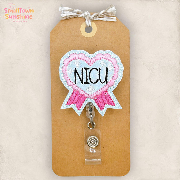 NICU Blue Ribbon Retractable Badge Reel: Nurse ID Holder, Name Tag, Swappable Topper, Coworker Gift, Lanyard, MRI Safe, Heavy Duty Options