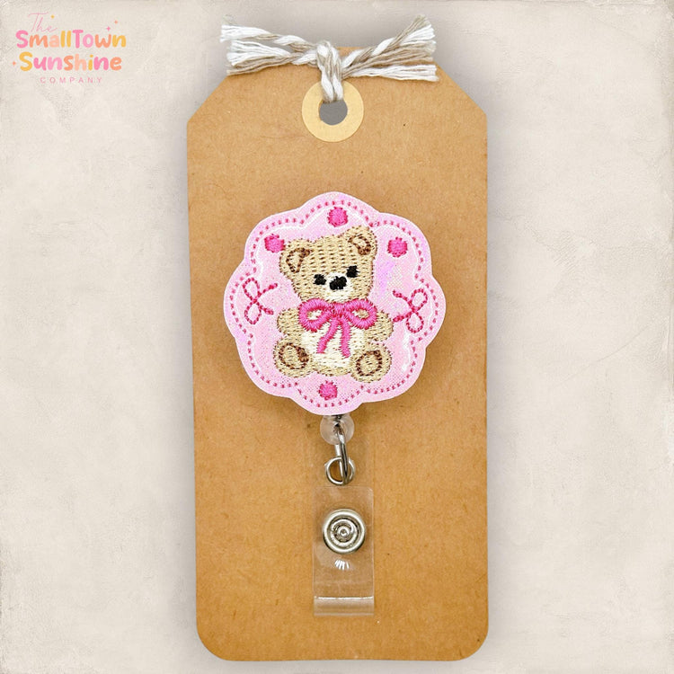 Scalloped Teddy Bear Retractable Badge Reel: ID Holder, Name Tag, Swappable Topper, Coworker Gift, Lanyard, MRI Safe, Heavy Duty Options