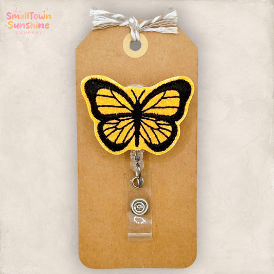 Orange Monarch Retractable Badge Reel: Butterfly ID Holder, Bug Name Tag, Topper, Coworker Gift, MRI Safe, Heavy Duty Options | GLITTER