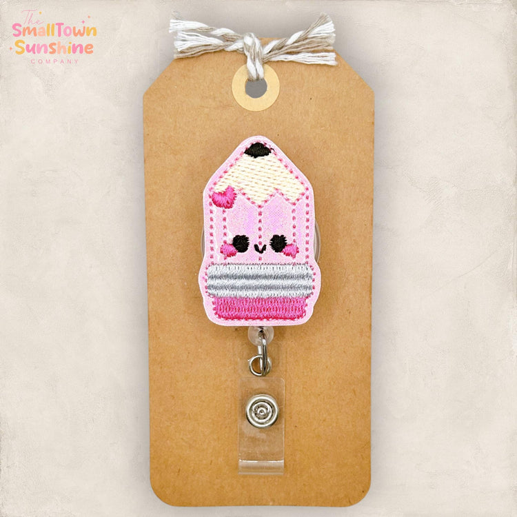 Pink Pencil Retractable Badge Reel: Teacher ID Holder, Name Tag, Topper, Coworker Gift, Lanyard, MRI Safe, Heavy Duty Options