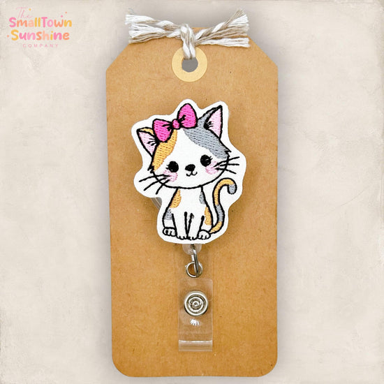 Cat with Bow Retractable Badge Reel: ID Holder, Name Tag, Swappable Topper, Coworker Gift, Lanyard, MRI Safe, Heavy Duty Options | GLITTER