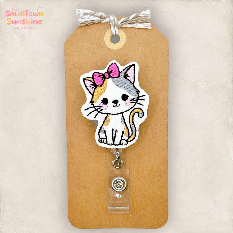 Cat with Bow Retractable Badge Reel: ID Holder, Name Tag, Swappable Topper, Coworker Gift, Lanyard, MRI Safe, Heavy Duty Options | GLITTER