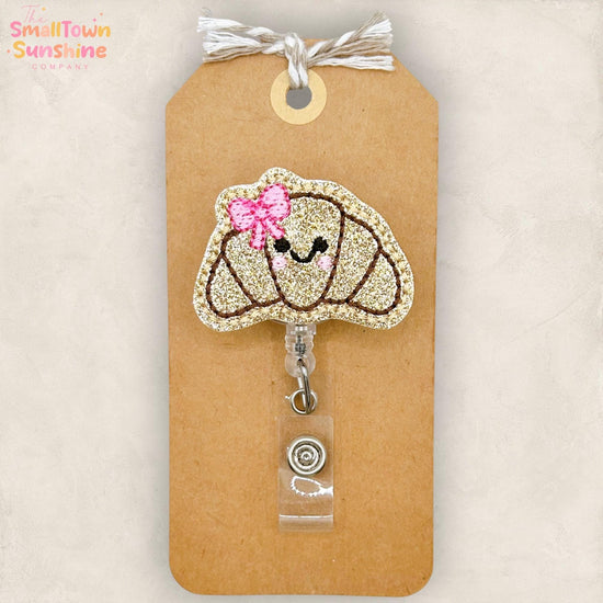 Croissant Retractable Badge Reel: Food ID Holder, Name Tag, Swappable Topper, Nurse Gift, Lanyard, MRI Safe, Heavy Duty Options | GLITTER