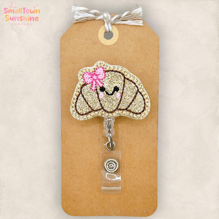 Croissant Retractable Badge Reel: Food ID Holder, Name Tag, Swappable Topper, Nurse Gift, Lanyard, MRI Safe, Heavy Duty Options | GLITTER