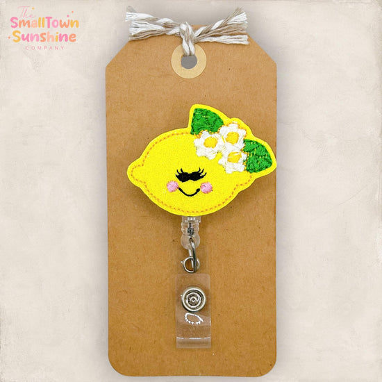 Lemon with Flowers Retractable Badge Reel: Fruit ID Holder, Name Tag, Topper, Coworker Gift, Lanyard, MRI Safe, Heavy Duty Options | GLITTER