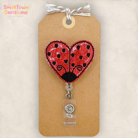 Ladybug Heart Retractable Badge Reel: Spring Bug ID Holder, Name Tag, Topper, Coworker Gift, Lanyard, MRI Safe, Heavy Duty Options | GLITTER