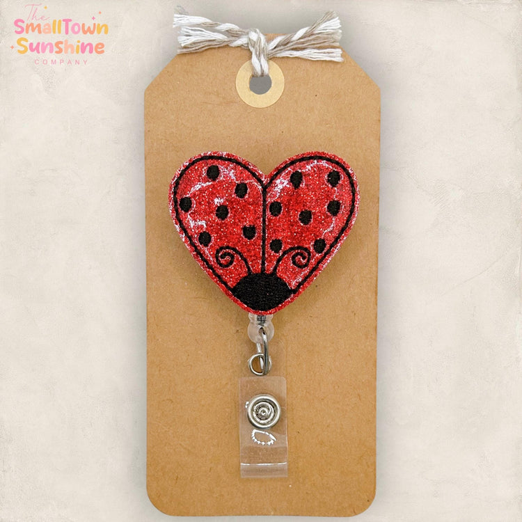 Ladybug Heart Retractable Badge Reel: Spring Bug ID Holder, Name Tag, Topper, Coworker Gift, Lanyard, MRI Safe, Heavy Duty Options | GLITTER