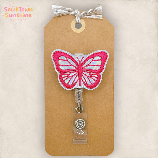 Bright Pink Butterfly Retractable Badge Reel: Insect ID Holder, Name Tag, Swappable Topper, Coworker Gift, Lanyard, MRI Safe, Heavy Duty