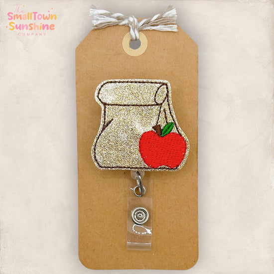 Brown Lunch Bag Retractable Badge Reel: ID Holder, Name Tag, Swappable Topper, Coworker Gift, Lanyard, MRI Safe, Heavy Duty | GLITTER