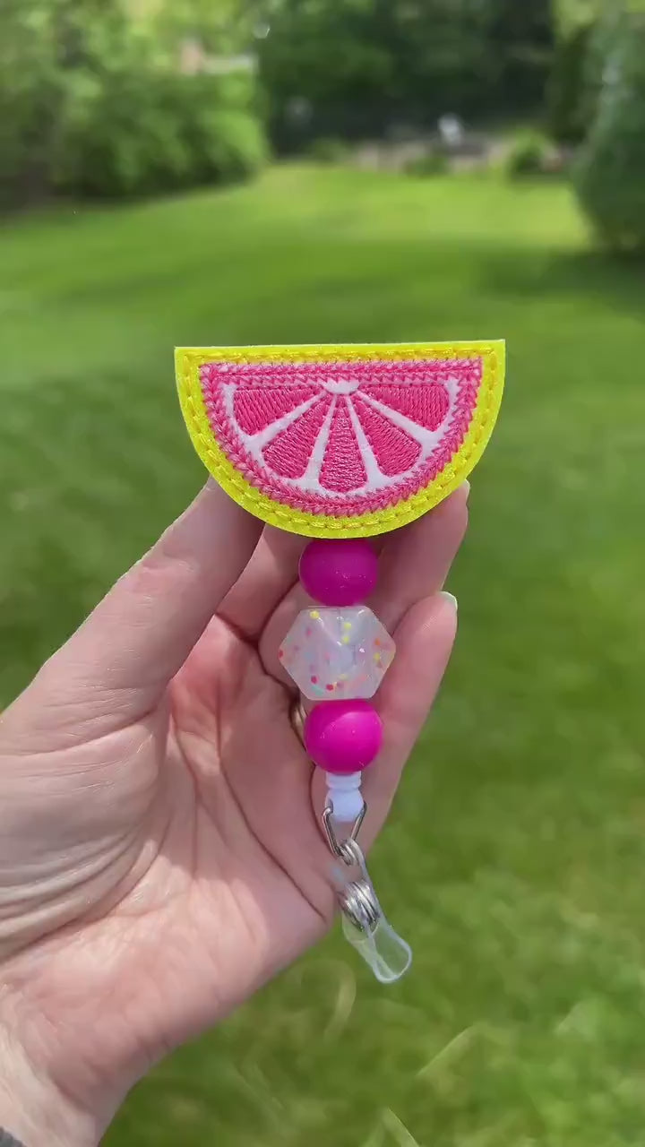 Pink Grapefruit Slice Retractable Badge Topper: Summer Citrus ID Holder