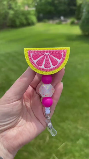 Pink Grapefruit Slice Retractable Badge Topper: Summer Citrus ID Holder